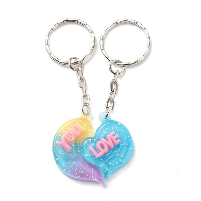 2 pcs porte-clés breloque coeur couple saint valentin, mot love you porte-clés pendentifs en résine, avec les accessoires en fer