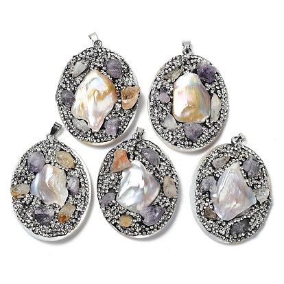 Baroque Natural Freshwater Shell Polymer Clay Rhinestone Big Pendants, Oval Charms with Platinum Plated Brass Snap on Bails