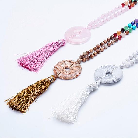 Natural Gemstone Beaded Necklaces, with Tassel Pendants