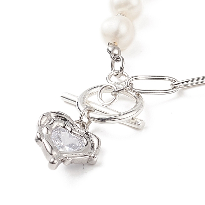 Collar con colgante de corazón de circonita cúbica transparente con cuentas de perlas naturales, 304 collar de cadenas de clip de acero inoxidable para mujer