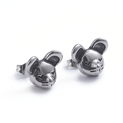 Retro 304 Stainless Steel Stud Earrings, with Ear Nuts, Mouse