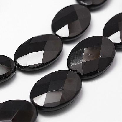 Natural Black Onyx Beads Strands, Grade A, Dyed & Heated, Faceted, Oval