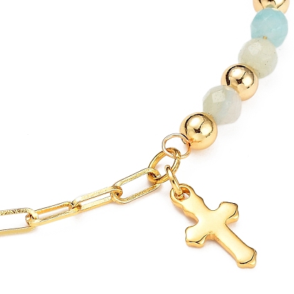 Bracelets de charme, avec des perles naturelles de pierres précieuses, 304 acier inoxydable charmes croisés, chaînes de trombones en laiton et perles rondes