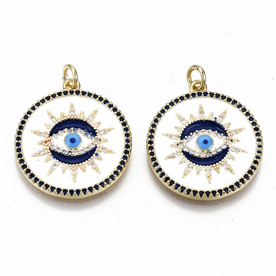 Brass Micro Pave Colorful Cubic Zirconia Pendants, with Jump Rings and Enamel, Nickel Free, Flat Round with Evil Eye