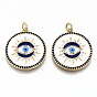 Brass Micro Pave Colorful Cubic Zirconia Pendants, with Jump Rings and Enamel, Nickel Free, Flat Round with Evil Eye