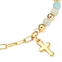 Charm Bracelets, with Natural Gemstone Beads, 304 Stainless Steel Cross Charms, Brass Paperclip Chains & Round Beads