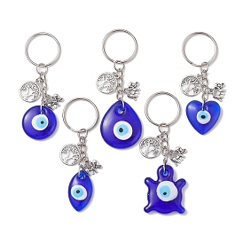 Glass Evil Eye Pendants Keychain, with Tree of Life & Elephant Alloy Findings
