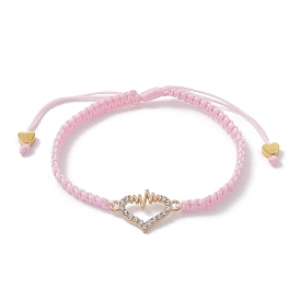 Alloy Rhinestone Heart Link Bracelet, Nylon Thread Braided Adjustable Bracelet