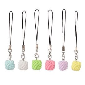 Square Yarn Ball Opaque Resin Mobile Strap, with Cord Loop, Alloy Lobster Claw Clasps