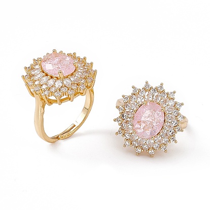 Pink Glass Oval Adjustable Ring with Cubic Zirconia, Brass Jewelry for Women