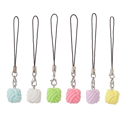 Square Yarn Ball Opaque Resin Mobile Strap, with Cord Loop, Alloy Lobster Claw Clasps