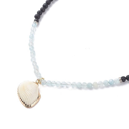 Natural Aquamarine & Lava Rock Beaded Necklace with Brass Charm, Essential Oil Gemstone Jewelry for Women