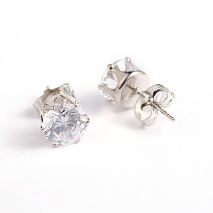 Cubic Zirconia Stud Earrings, with Steel Pins, 8mm, Pin: 0.8mm