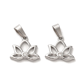 304 Stainless Steel Charms, with Crystal Rhinestone and 201 Stainless Steel Snap On Bails, Lotus Charm