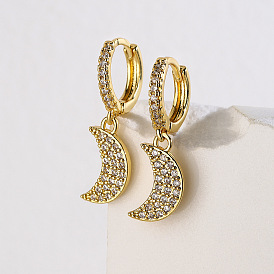 18K Gold Plated Moon Pendant Earrings with Micro Inlaid Zircon for Women