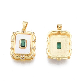 Synthetic White Shell Pendants, with Brass Green Cubic Zirconia Findings, Rectangle Charm