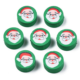 Handmade Polymer Clay Beads, Christmas Style, Flat Round with Father Christmas