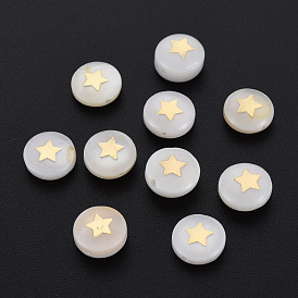 Perles de coquillages naturels d'eau douce, avec des ornements en métal plaqué laiton, plat et circulaire avec étoile