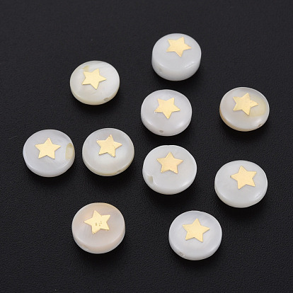 Natural Freshwater Shell Beads, with Plated Brass Metal Embellishments, Flat Round with Star