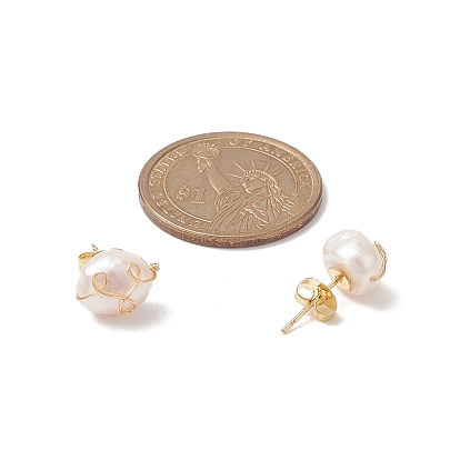 Natural Pearl Stud Earrings, Golden Copper Wire Wrap Jewelry for Women