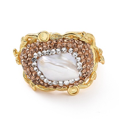 Anillo de dedo de puño abierto de perla natural con diamantes de imitación, anillo ancho de latón dorado para mujer