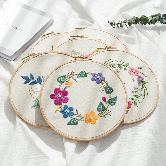 Kit de bordado diy con patrón de flores, incluyendo agujas de bordar e hilo, paño de lino de algodón