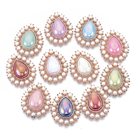 Alloy Flat Back Cabochons, with ABS Plastic Imitation Pearl Beads, AB Color Plated, Rose Gold, Teardrop