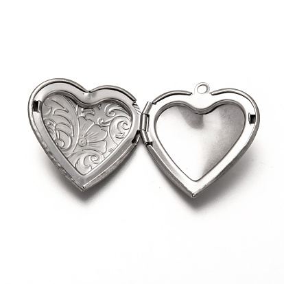 316 Stainless Steel Locket Pendants, Photo Frame Charms for Necklaces, Heart with Floral Pattern
