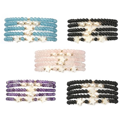 5 pcs 5 style naturel et synthétique mélange de pierres précieuses, perles et coquillages, ensemble de bracelets extensibles en perles