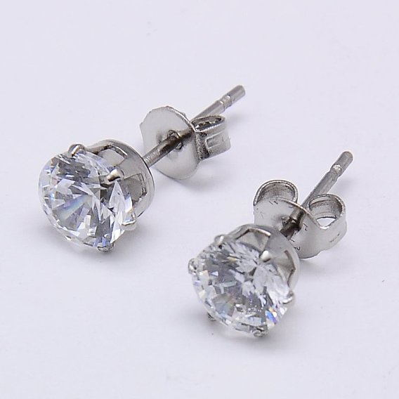 Cubic Zirconia Ear Studs, with 304 Stainless Steel Base, Flat Round, Pin: 0.7mm