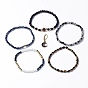2 pcs 2 ensemble de bracelets multi-brins de perles de pierre de lave naturelle et d'hématite synthétique et de coquillages, bracelets extensibles visage souriant en émail avec breloques croissant de lune bracelets empilables pour femmes