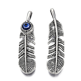 Alloy Enamel Pendants, Cadmium Free & Nickel Free & Lead Free, Antique Silver, Feather with Evil Eye