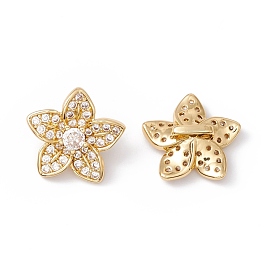 Rack Plating Brass Pave Clear Cubic Zirconia Connector Charms, Cadmium Free & Nickel Free & Lead Free, Flower