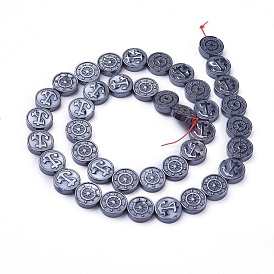 Non-magnetic Synthetic Hematite Beads Strands, Flat Round with Anchor and Helm