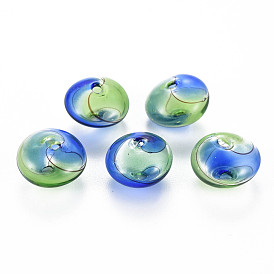 Transparent Handmade Blown Glass Globe Beads, Stripe Pattern, Flat Round