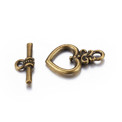 Tibetan Style Toggle Clasps, Cadmium Free & Lead Free, made of Zinc Alloy, Heart: 21x13mm, hole: 2mm, Bar: 16.5mm long, hole: 1.5mm