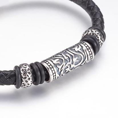 Leather Cord Bracelets, with 304 Stainless Steel Findings and Magnetic Clasps, Column