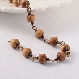 Round Handmade Wood Beaded Chains, Unwelded, with Brass Findings, Antique Bronze, 7mm, about 60pcs/strand, 39.3 inch