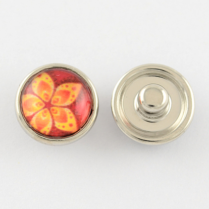 Brass Buttons, Jewelry Snap Buttons, with Glass Cabochon, Flat Round, Cadmium Free & Nickel Free & Lead Free, Platinum Metal Color, 12x7mm, Knob: 4.5mm