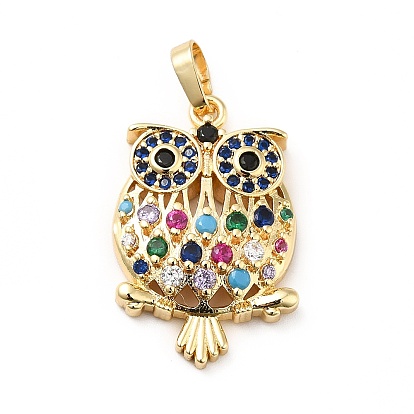 Brass Micro Pave Cubic Zirconia Pendants, Long-Lasting Plated, Real 18K Gold Plated, Owl