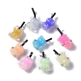 Luminous Translucent Resin Pendants, with Platinum Tone Iron Loops, ABS Imitation Pearl, Glow in the Dark Bear Cup Charm