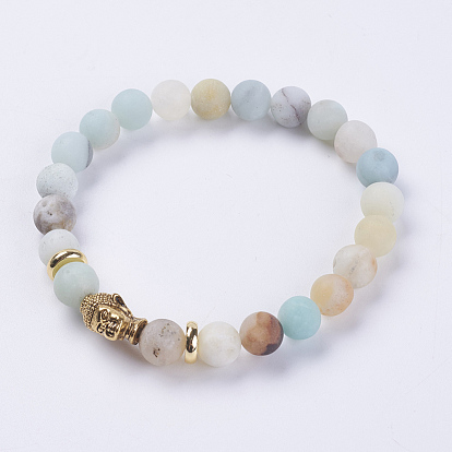 Natural Gemstone Beads Stretch Bracelets, with Alloy Finding, Frosted, Buddha's Head