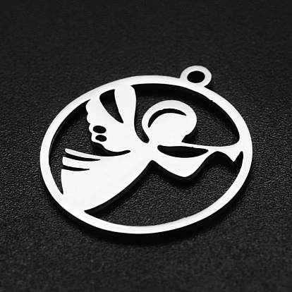 201 Stainless Steel Pendants, Laser Cut, Ring with Angel
