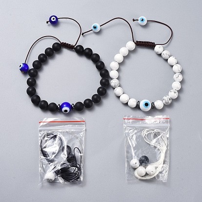 Adjustable Nylon Thread Braided Bead Bracelets Sets, Couple Bracelet, with Lampwork Evil Eye and Natural Howlite, Frosted Black Agate(Dyed) Beads, PVC Tubular Rubber Cord