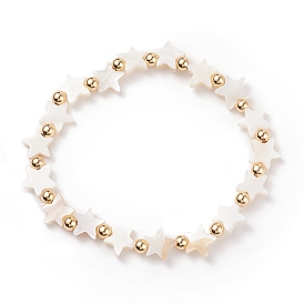 Natural Shell Star Beaded Stretch Bracelet with Brass for Women
