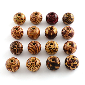 Perles de bois naturel imprimées, perles macramé grand trou, ronde, 20x18mm, Trou: 4~5mm, environ458 pcs / 1000 g