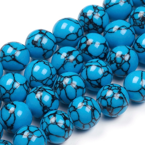 Perles synthétiques turquoise brins, teint, ronde