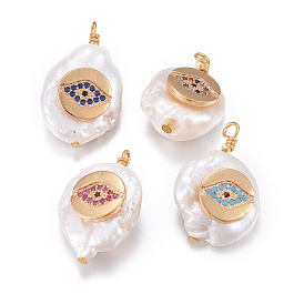 Pendentifs de perles d'eau douce de culture naturelle, avec les accessoires de zircons en laiton, pépites avec oeil, or
