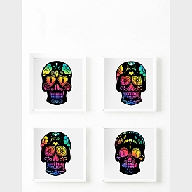 Scratch Rainbow Painting Art Paper Skull, DIY Scratch Art, with Paper Card, Silk Ribbon and Bamboo Sticks, for Halloween