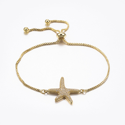 Bracelets réglables en laiton à micro-pavé de zircons cubiques, bracelets de slider, avec des chaînes de boîte en laiton, étoile de mer / étoiles de mer